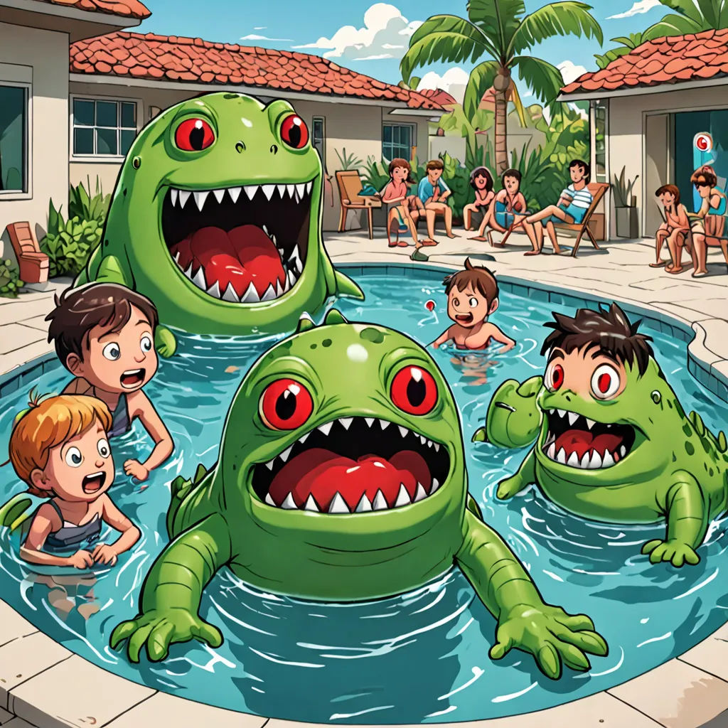 a group of children playing in a pool with a monster in the middle of it and a large green monster in the middle of the pool, pop surrealism, a storybook illustration, Adam Rex, detailed illustration