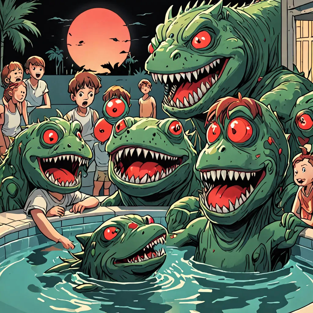 a group of children standing around a pool with monsters in it and a man in the background looking at them, context art, a storybook illustration, Adam Rex, laurie greasley