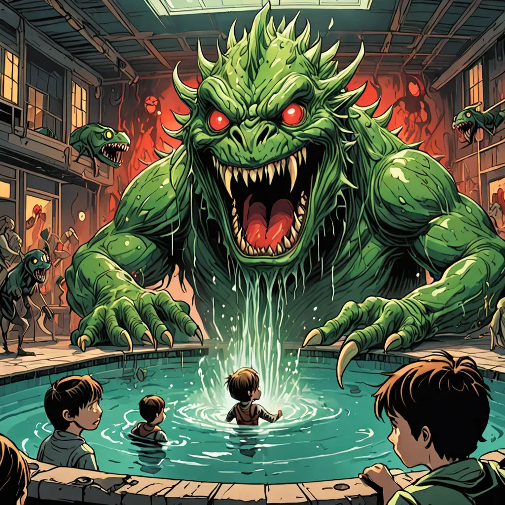 a group of children standing around a fountain with a monster on it's face and mouth open and a man in the water, ashcan school, a comic book panel, Dan Mumford, josan gonzales and dan mumford