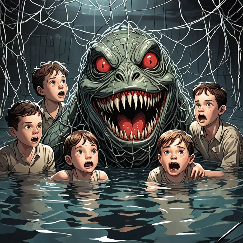 a group of children swimming in a pool with a monster in the background and a man in the middle of the pool, sots art, a comic book panel, Alton Tobey, comic cover art