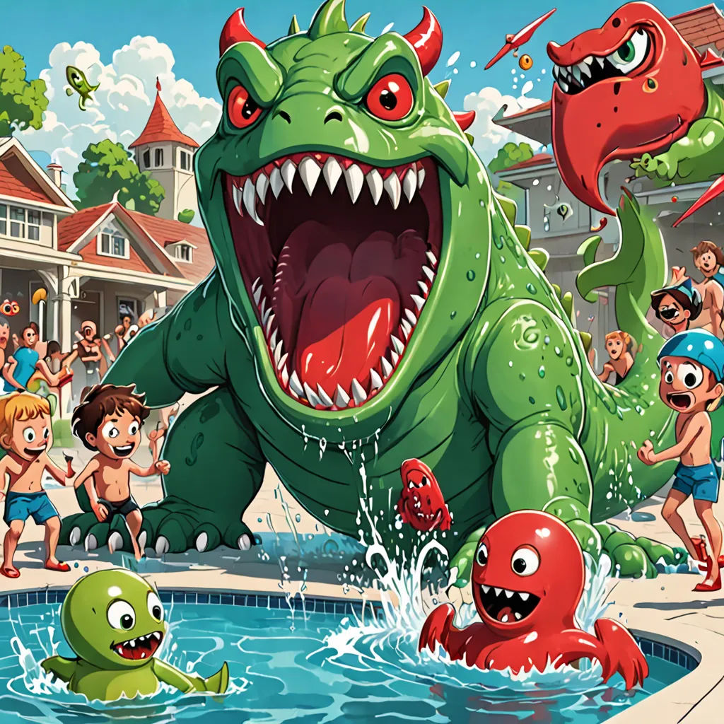 a cartoon of a group of people playing in a pool with a dinosaur and other cartoon characters around it, sots art, a storybook illustration, Adam Rex, 2 d game art