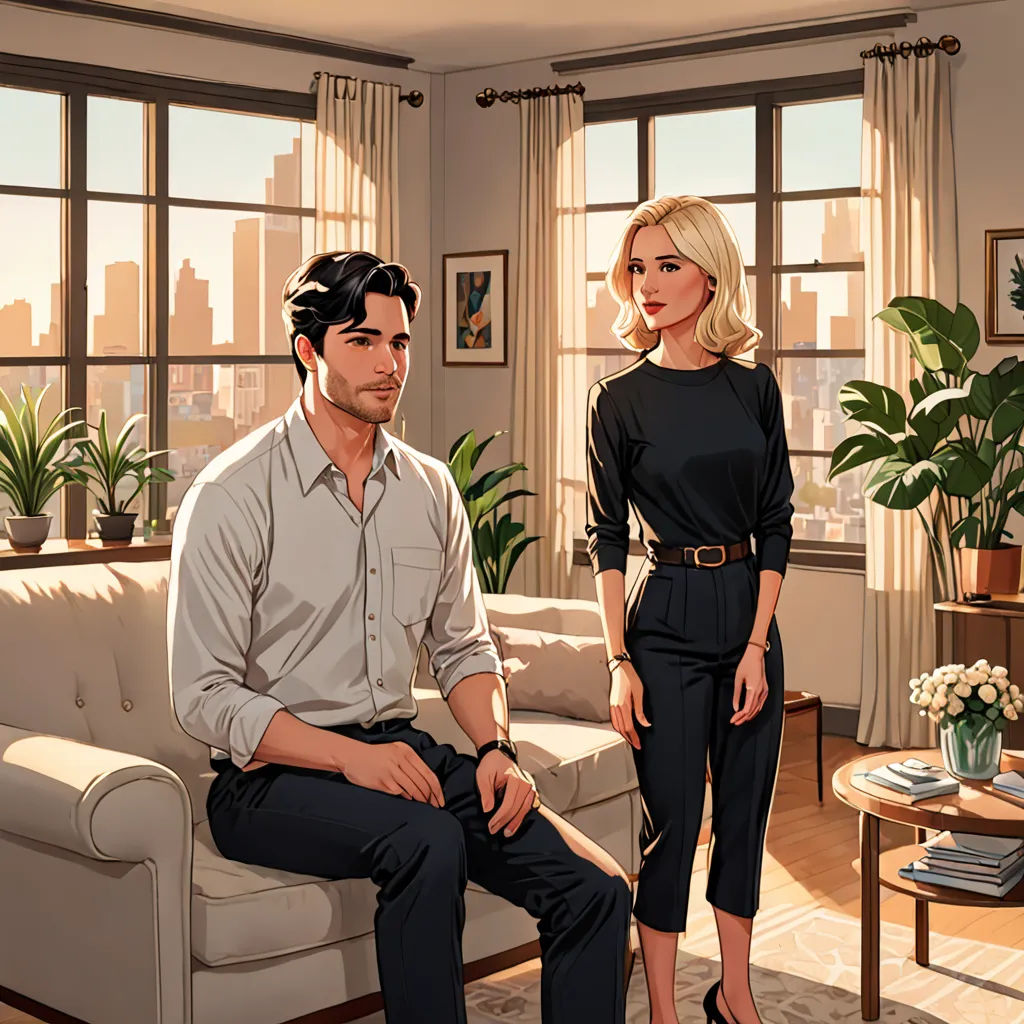 a man and a woman sitting on a couch in a living room with a window behind them and a potted plant, american scene painting, a comic book panel, Cedric Seaut (Keos Masons), official art
