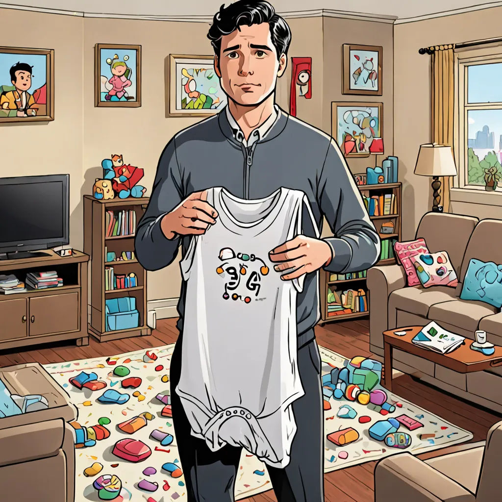 a man holding a shirt in a living room with a tv and a couch in the background with a child's bib on it, lyco art, a comic book panel, Diego Gisbert Llorens, promotional image