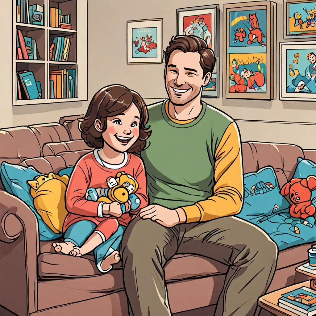 a man and a little girl sitting on a couch in a living room with a bookcase and a book shelf, dada, a comic book panel, Diego Gisbert Llorens, comic book
