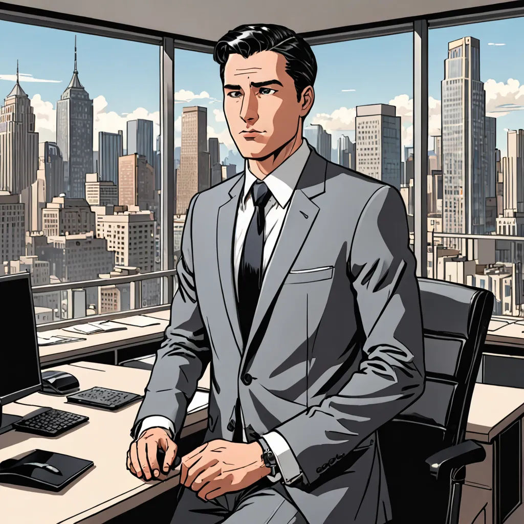 a man in a suit sitting at a desk in front of a window with a city view behind him, figurativism, a character portrait, Alton Tobey, official art