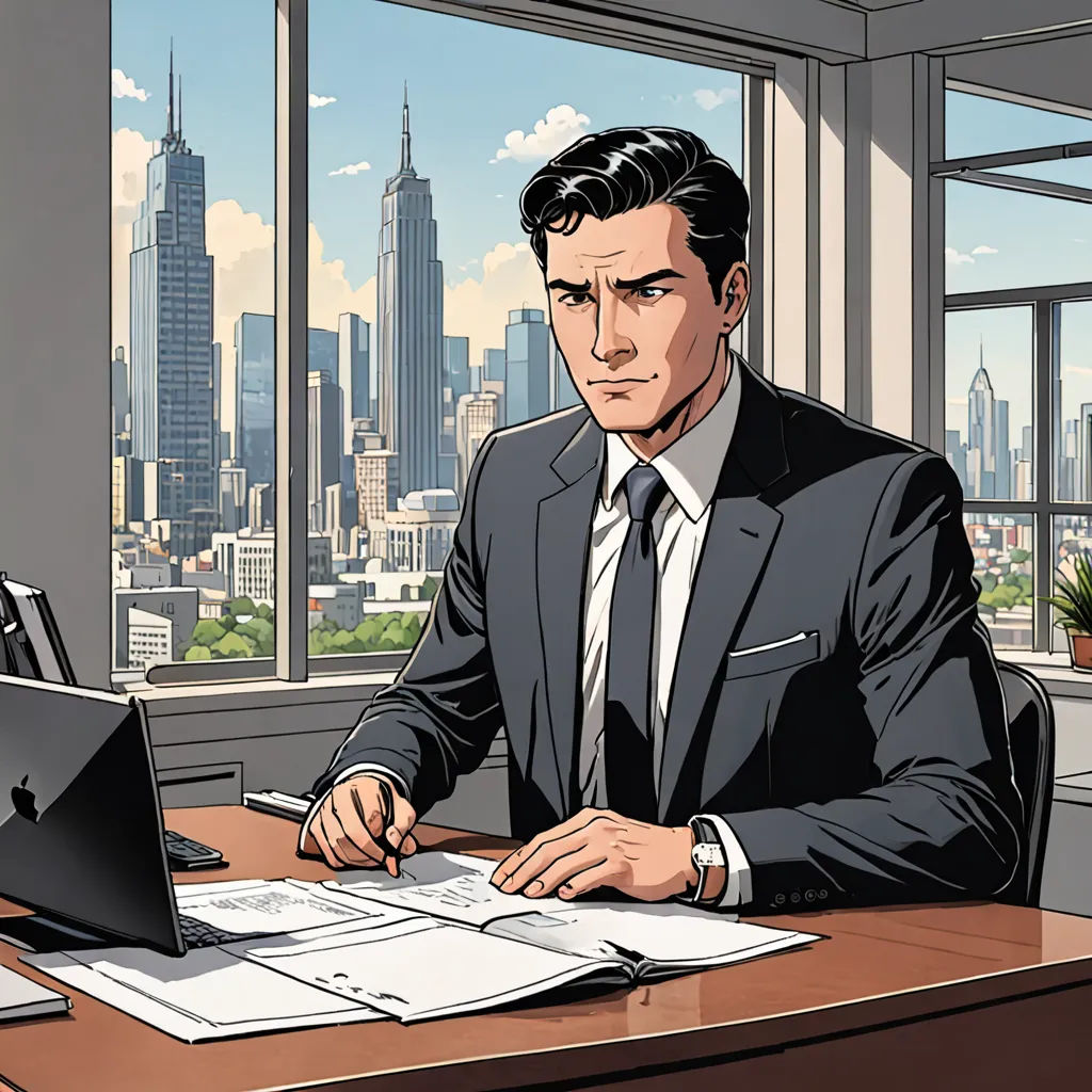 a man in a suit sitting at a desk with a laptop computer in front of him and a city view, lyco art, a comic book panel, Alton Tobey, official art