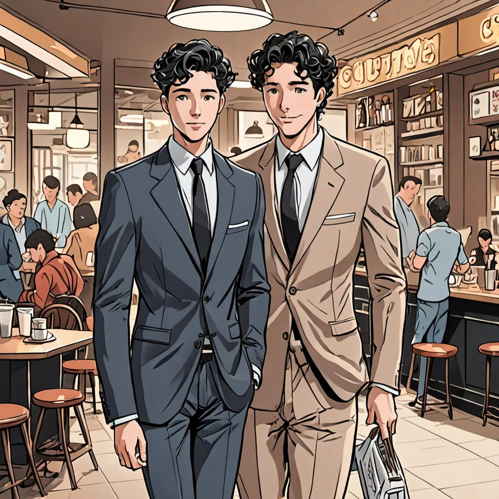 two men in suits standing in a restaurant with a crowd of people in the background, one holding a briefcase, private press, a comic book panel, Everett Warner, graphic novel