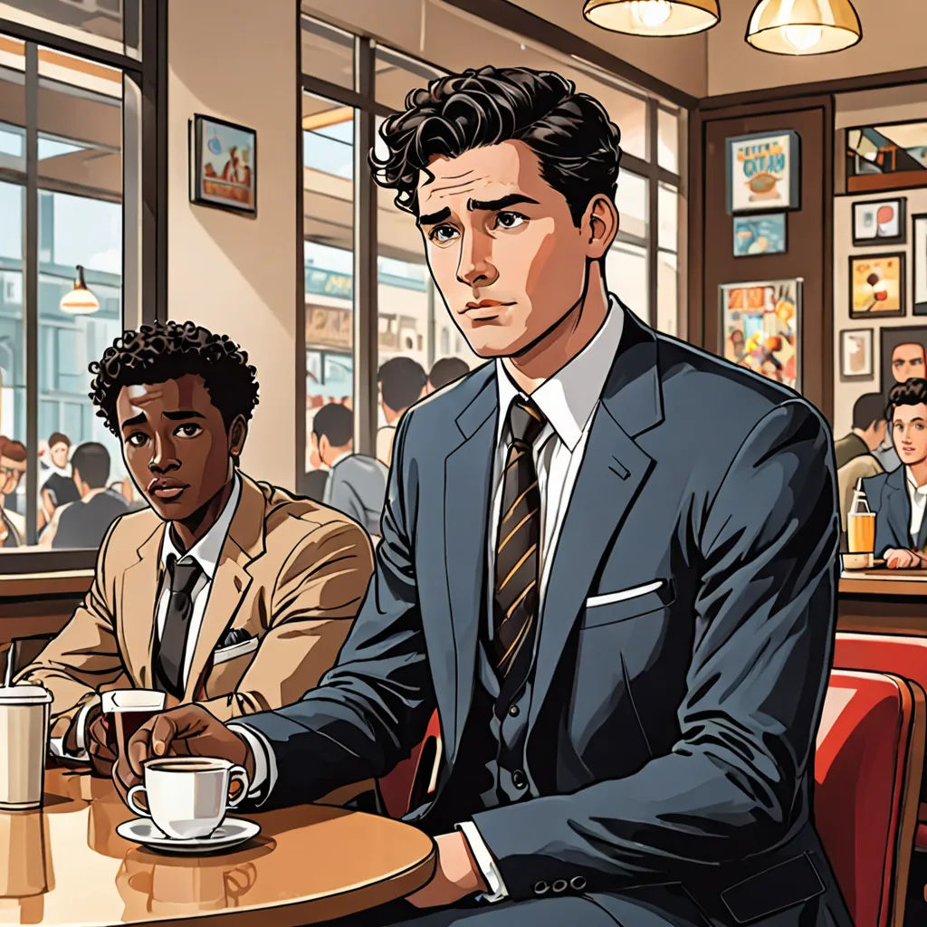 a man sitting at a table with a cup of coffee in front of him and another man sitting at a table in the background, american realism, a comic book panel, Everett Warner, official art