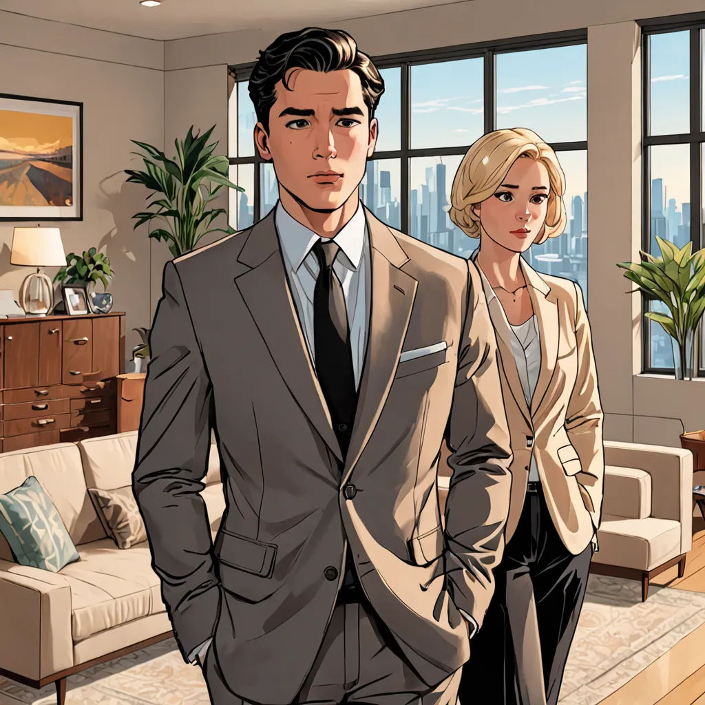 a man and a woman in a suit standing in a living room with a city view behind them and a couch, american scene painting, a comic book panel, Everett Warner, official art
