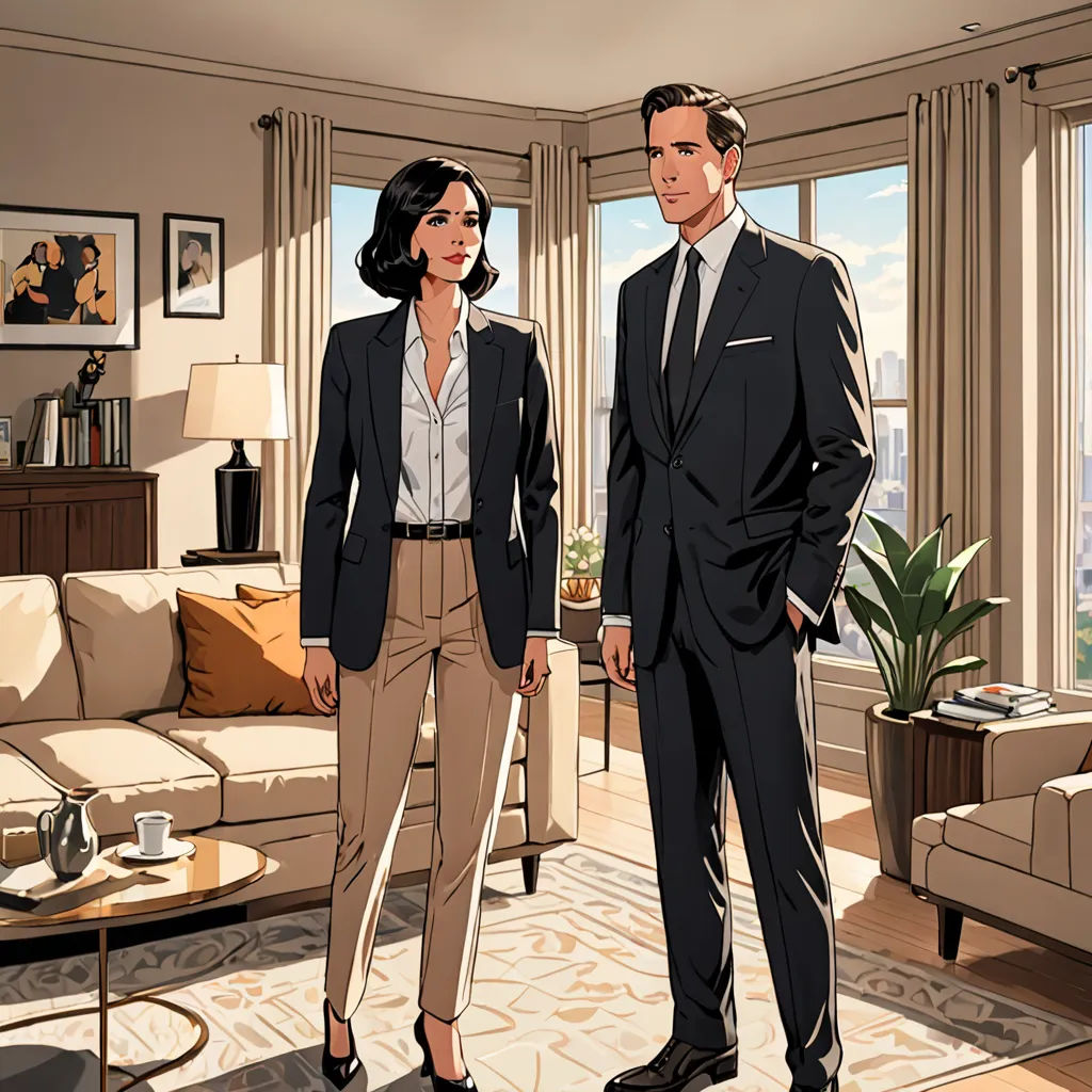 a man and a woman standing in a living room with a view of the city behind them, in a cartoon, serial art, a comic book panel, Ada Gladys Killins, official art