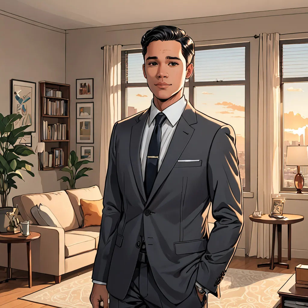 a man in a suit standing in a living room with a window behind him and a couch in the background, serial art, a character portrait, Everett Warner, official art