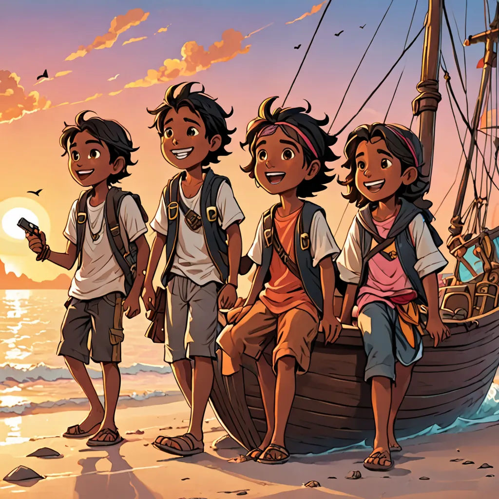 a group of kids standing on a beach next to a boat with a pirate on it and a bird flying over it, a storybook illustration, comic cover art, lyco art, Cliff Childs