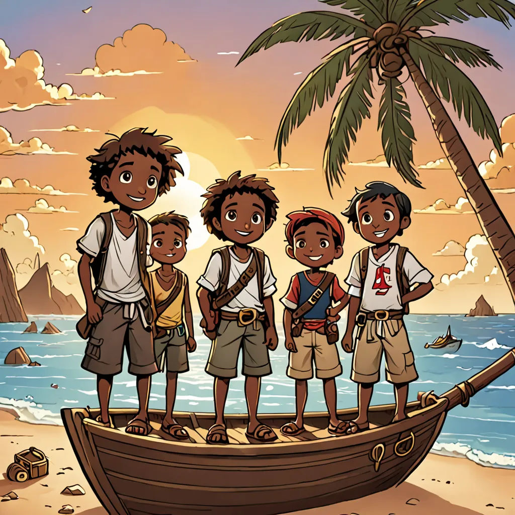 a group of children standing on a boat on the beach near the ocean with a palm tree in the background, a storybook illustration, comic cover art, les nabis, Cedric Seaut (Keos Masons)
