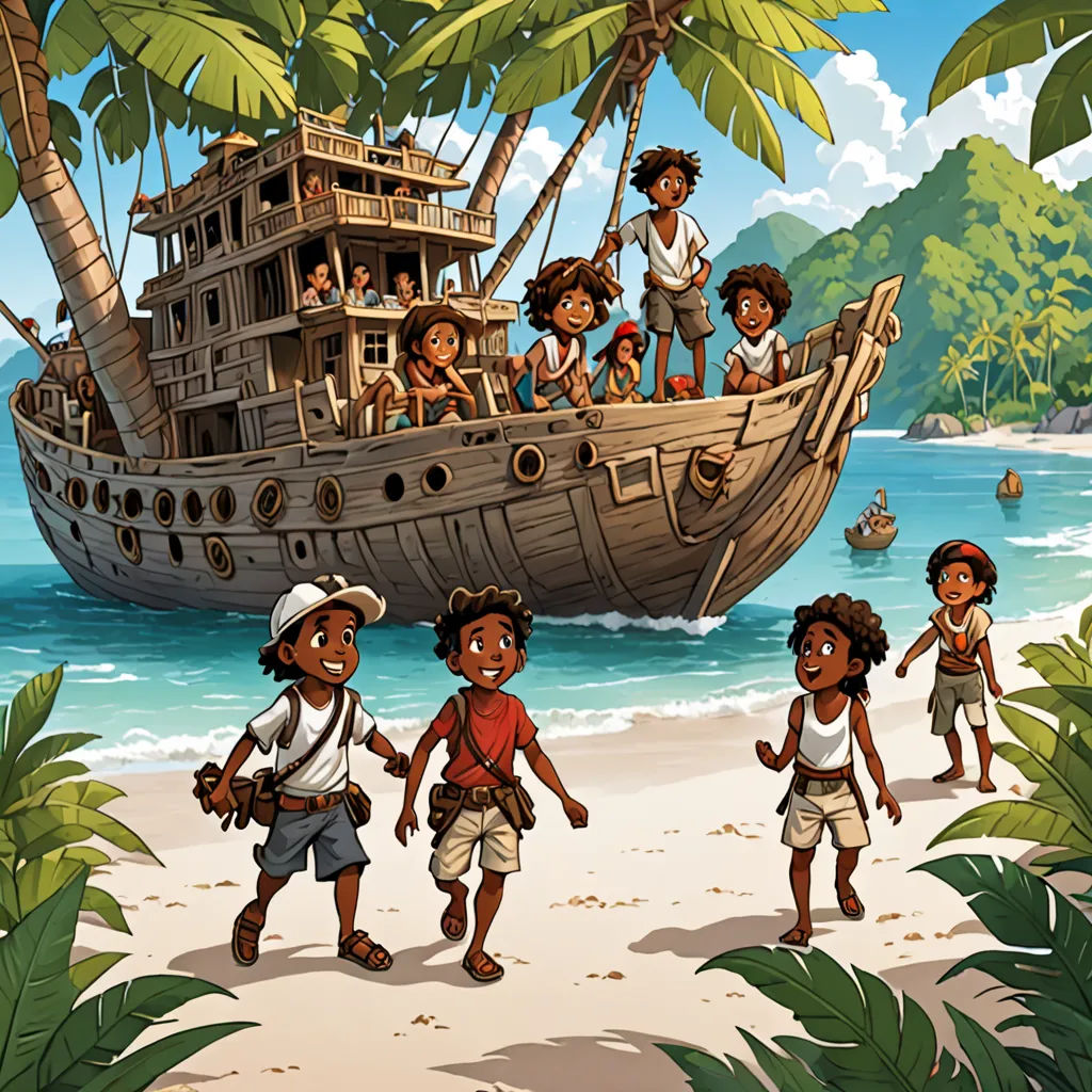 a group of children walking on a beach near a boat with people on it and a pirate ship in the background, a storybook illustration, official art, serial art, Diego Gisbert Llorens