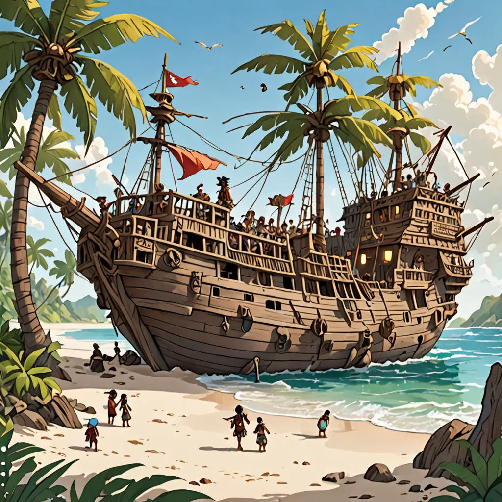a pirate ship on the beach with people walking around it and palm trees in the background, with a sky background, a detailed matte painting, highly detailed digital painting, fantasy art, Diego Gisbert Llorens