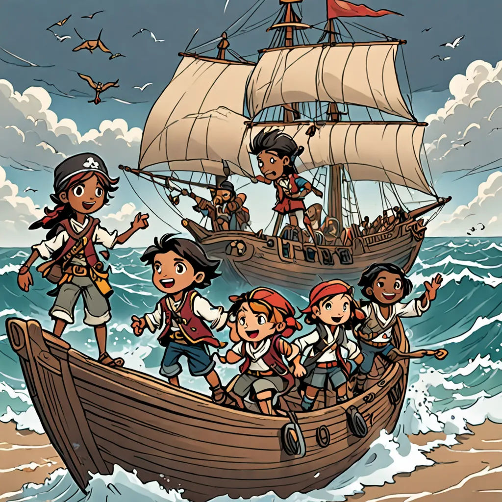 a cartoon of a pirate ship with a group of children on it in the ocean with a pirate ship in the background, a storybook illustration, comic cover art, serial art, Diego Gisbert Llorens