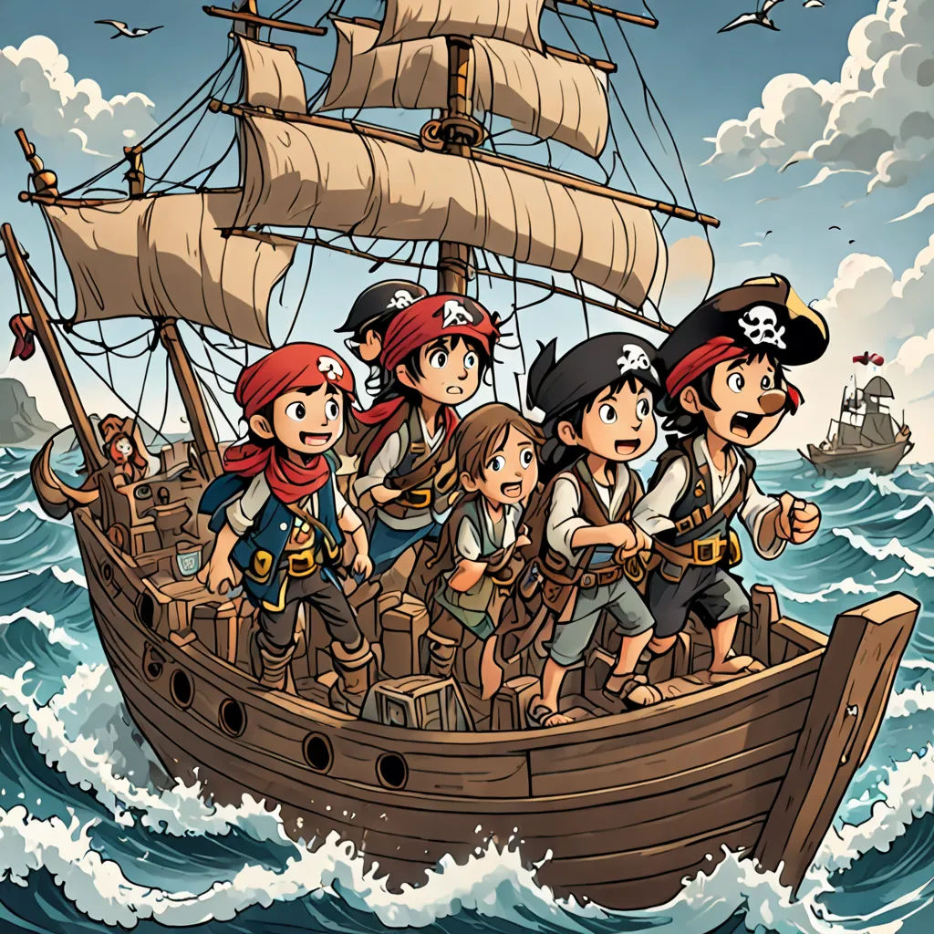 a group of children riding on top of a boat in the ocean with pirate flags on it's sails, a storybook illustration, official art, sots art, Cliff Childs