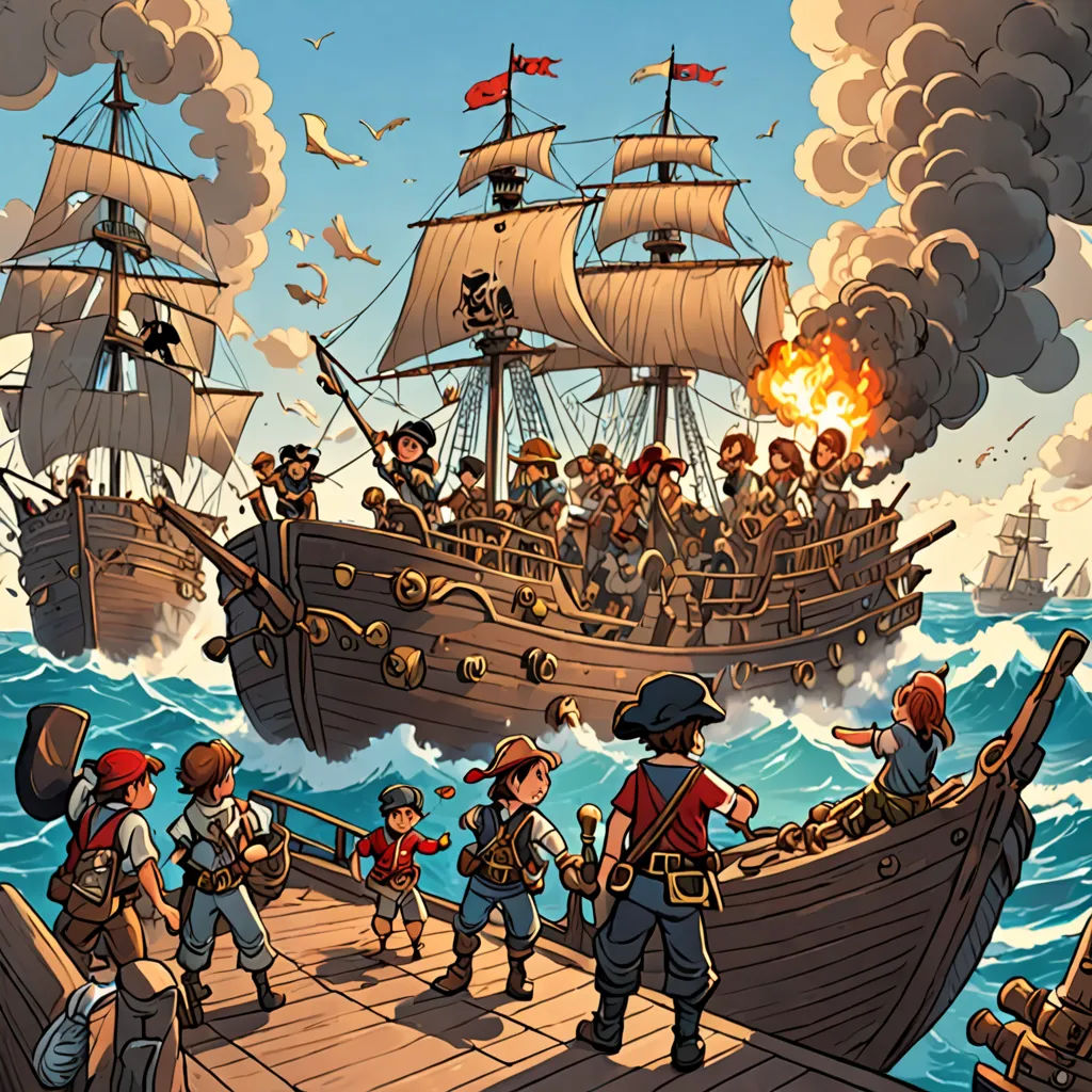a painting of a pirate ship with a lot of people on it and a fire coming out of it, a storybook illustration, promotional image, serial art, Diego Gisbert Llorens