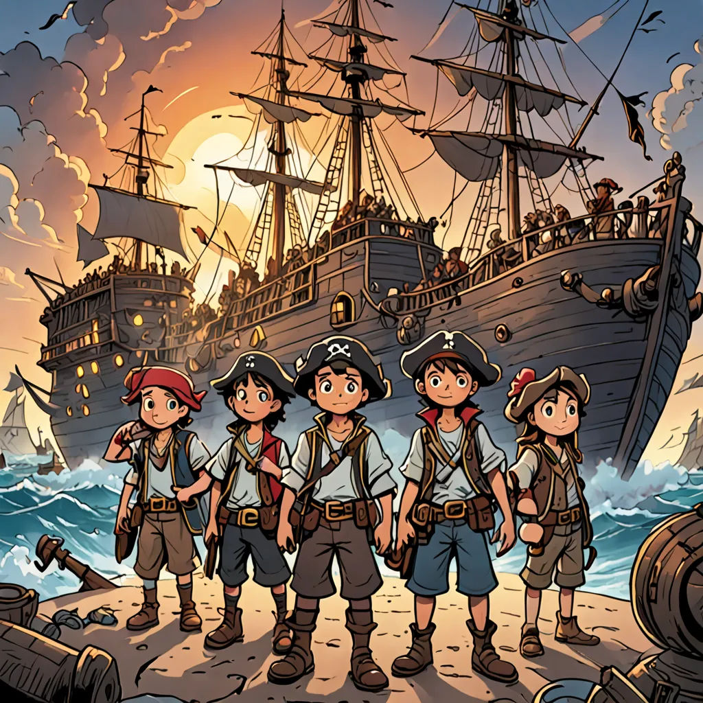 a group of children standing on a dock in front of a pirate ship at sunset with a pirate ship in the background, a comic book panel, official art, les nabis, Eiichiro Oda