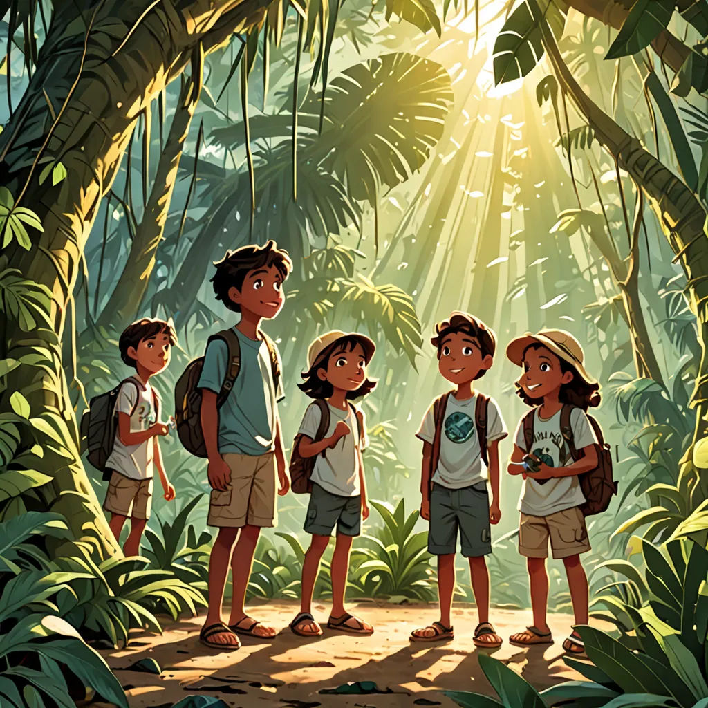 a group of children standing in a jungle with a sun shining through the trees behind them and a man standing in the middle of the picture, poster art, official art, serial art, Diego Gisbert Llorens