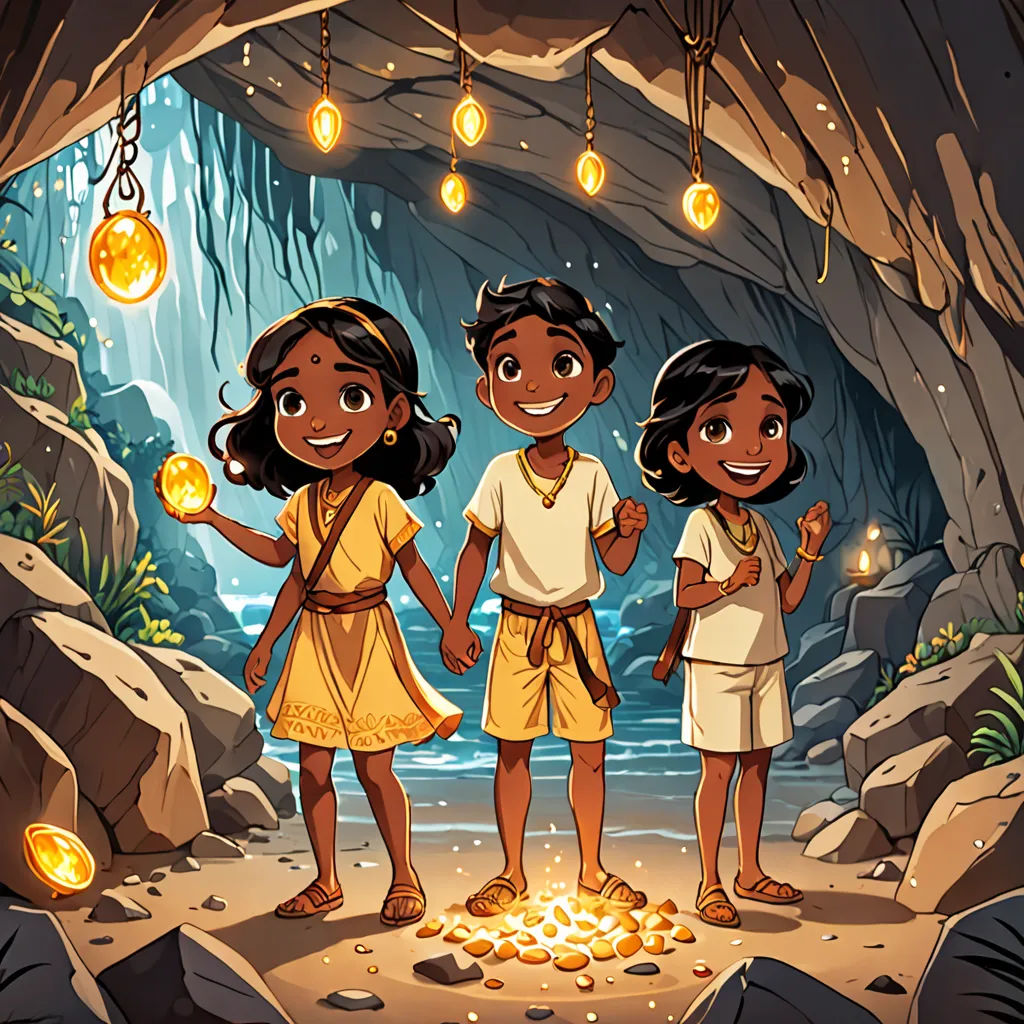 three children standing in a cave with lights hanging from the ceiling and a light bulb hanging from the ceiling, a storybook illustration, official art, samikshavad, Cliff Childs