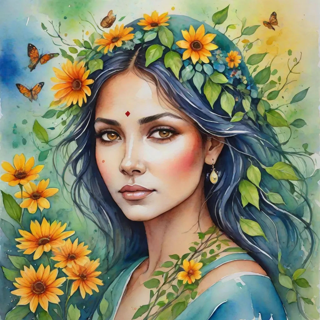 a painting of a woman with sunflowers in her hair and a wreath of leaves on her head, fantasy art, a detailed painting, Anna Dittmann, trending on art station