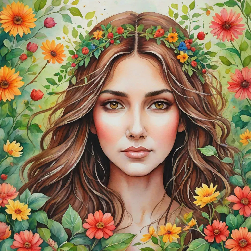 a painting of a woman with flowers around her head and a wreath of leaves around her head, with a green background, figurative art, a detailed painting, Anna Dittmann, highly detailed digital painting