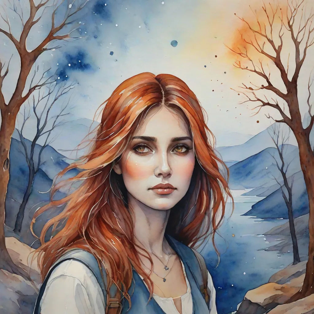 a painting of a woman with red hair and a blue dress in a snowy landscape with trees and a moon, fantasy art, a detailed painting, Charlie Bowater, leesha hannigan