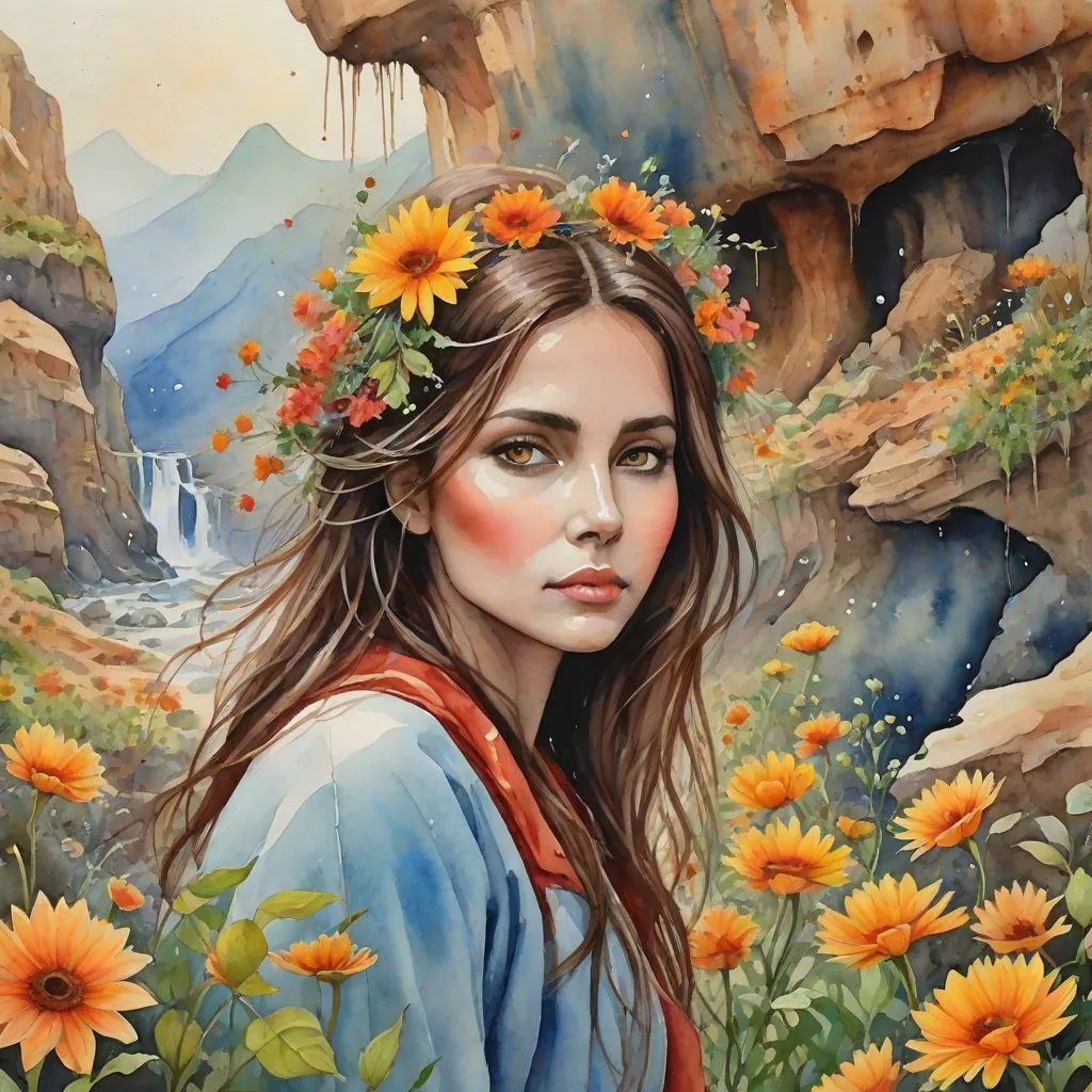 a painting of a woman with flowers in her hair and a waterfall in the background with sunflowers, fantasy art, a detailed painting, Esao Andrews, trending on art station