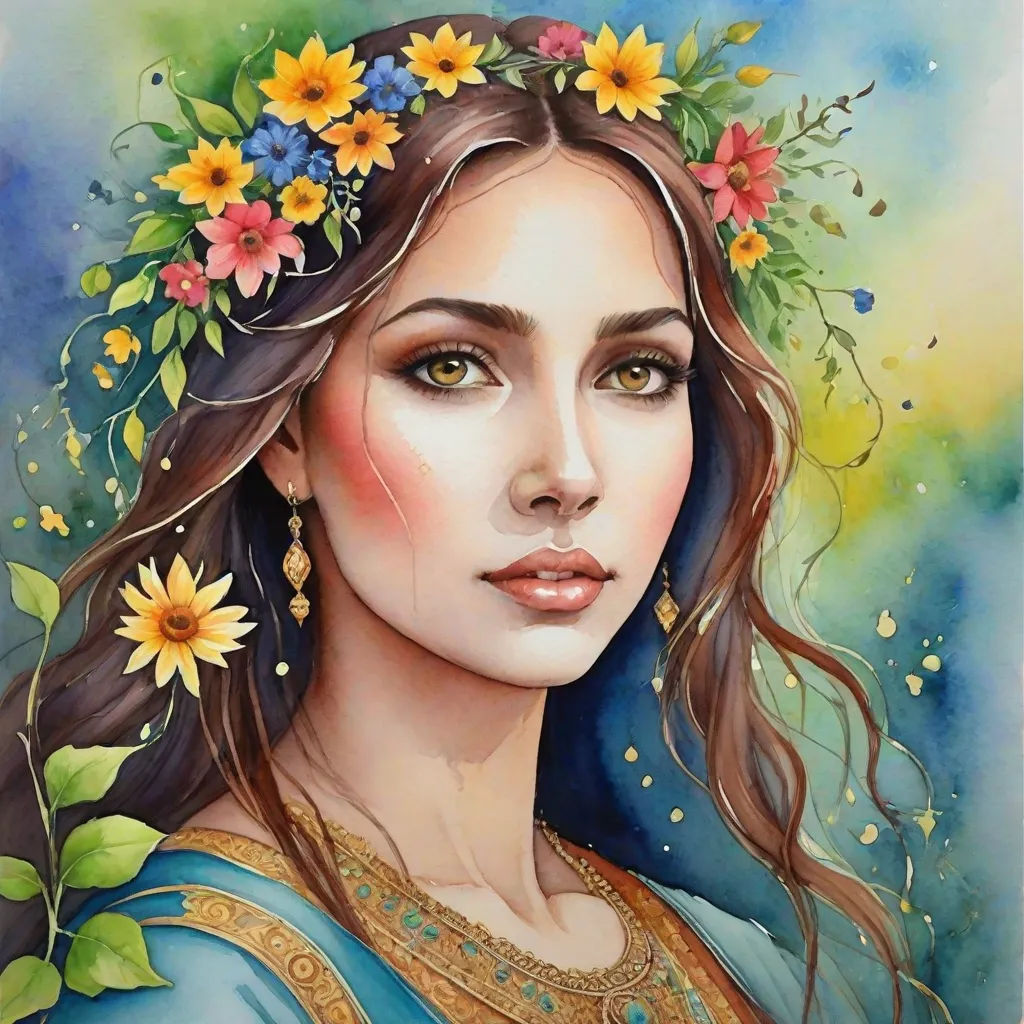 a painting of a woman with flowers in her hair and a blue dress with a yellow flower in her hair, figurative art, a watercolor painting, Anne Stokes, detailed painting