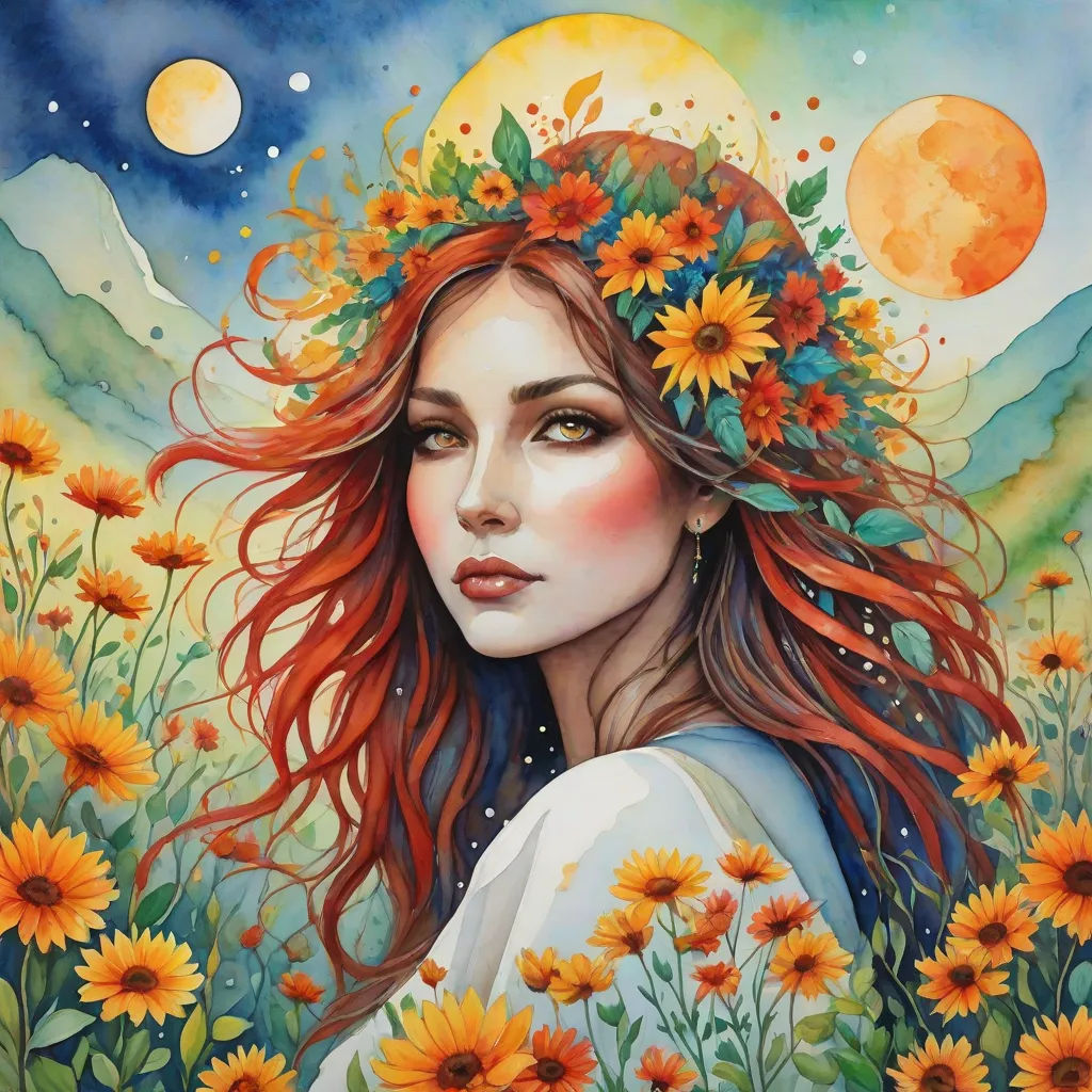 a painting of a woman with sunflowers in her hair and a moon in the background, with a full moon in the sky, fantasy art, a fine art painting, Amanda Sage, trending on art station
