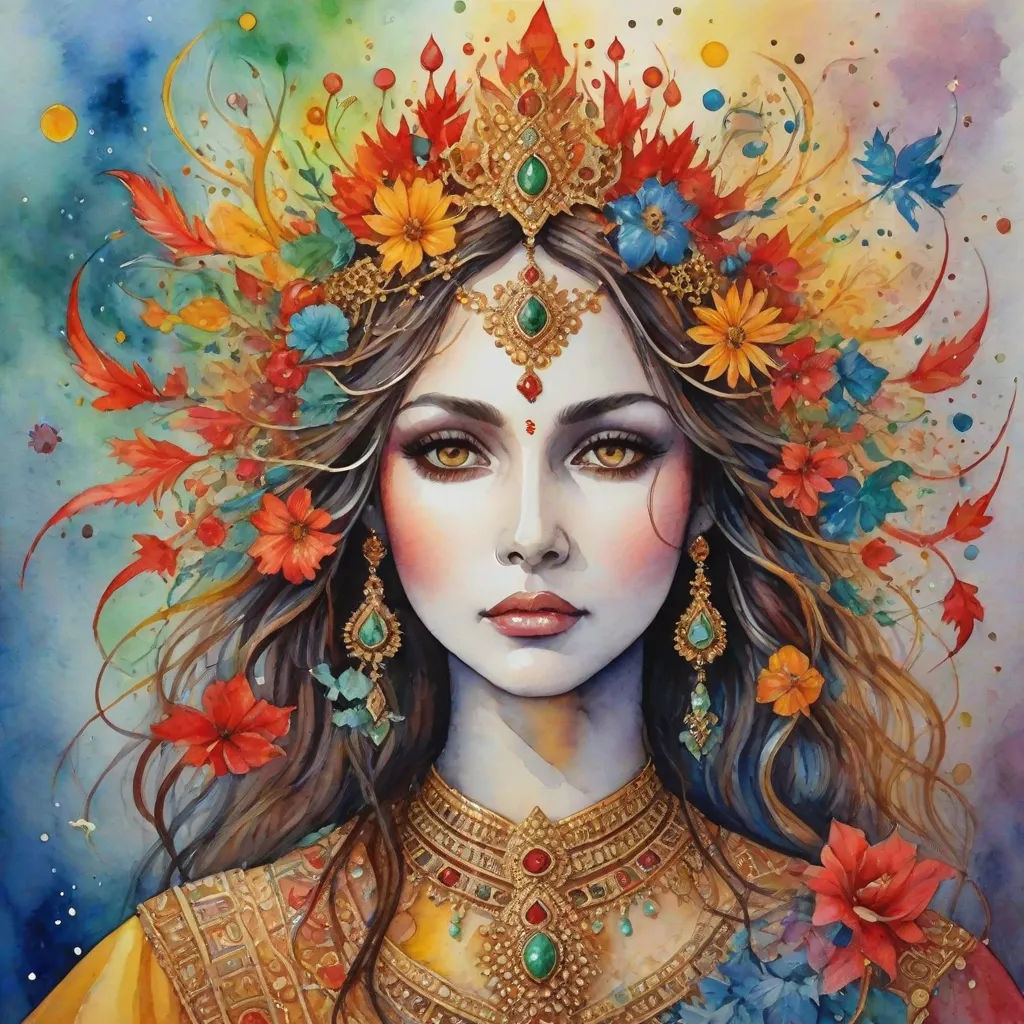 a painting of a woman with flowers in her hair and a crown on her head, with a blue background, fantasy art, a detailed painting, Amanda Sage, intricate oil painting