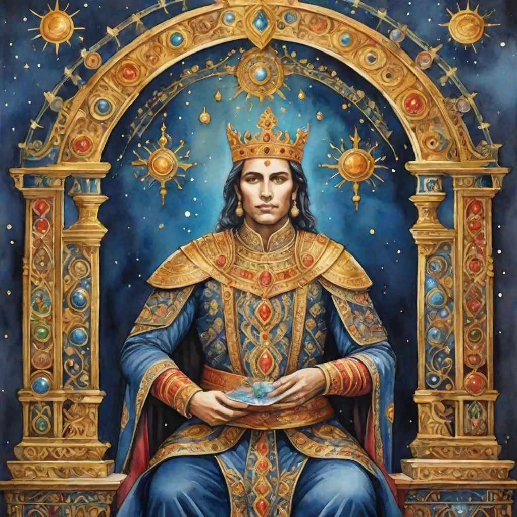 a painting of a man in a golden crown sitting on a throne with a blue background and stars in the sky, qajar art, a detailed painting, Donato Giancola, regal