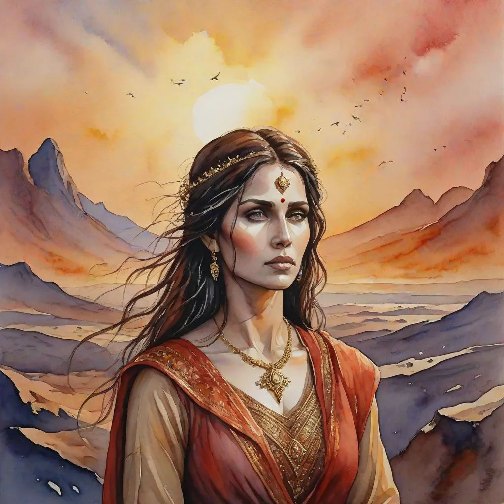 a painting of a woman in a red dress with a bird flying over her head and mountains in the background, fantasy art, a detailed painting, Donato Giancola, epic fantasy character art