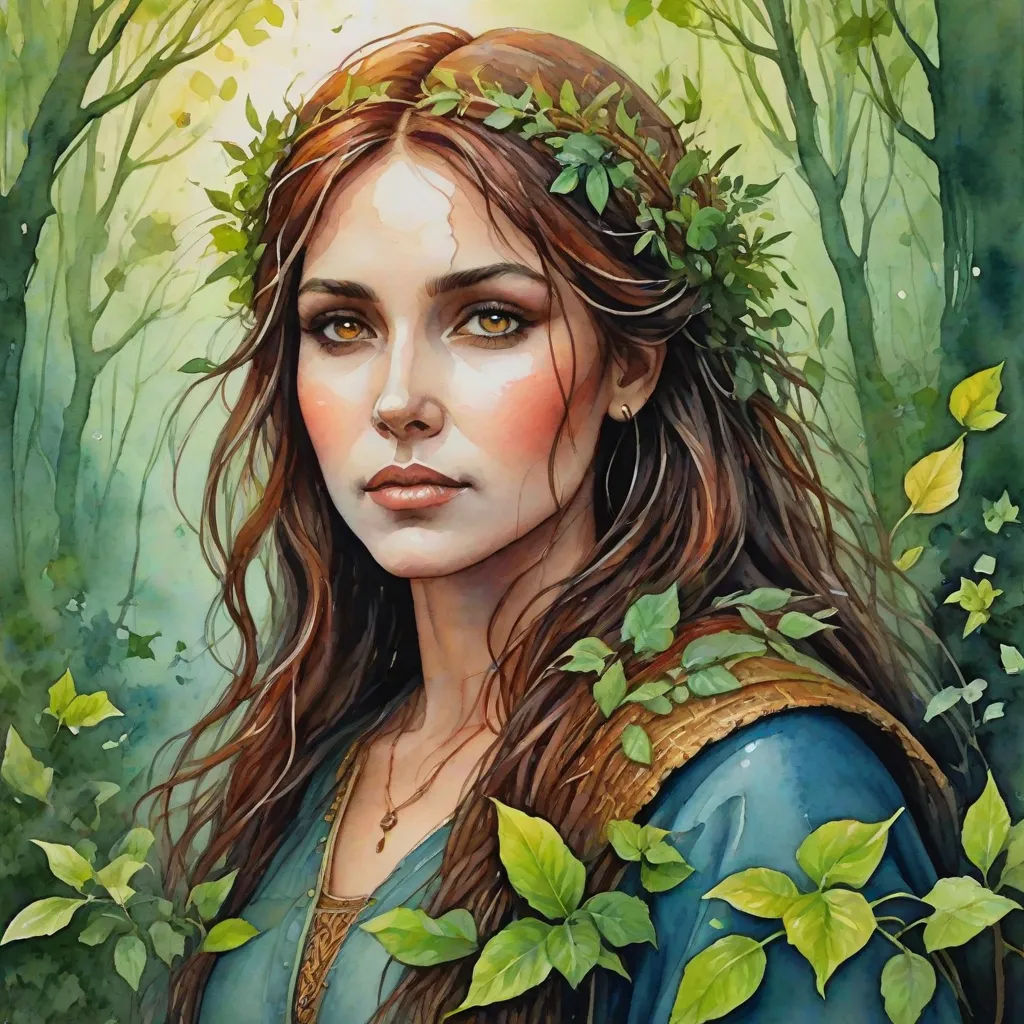 a painting of a woman with long hair and a wreath of leaves on her head, in a forest, fantasy art, a detailed painting, Anne Stokes, detailed painting
