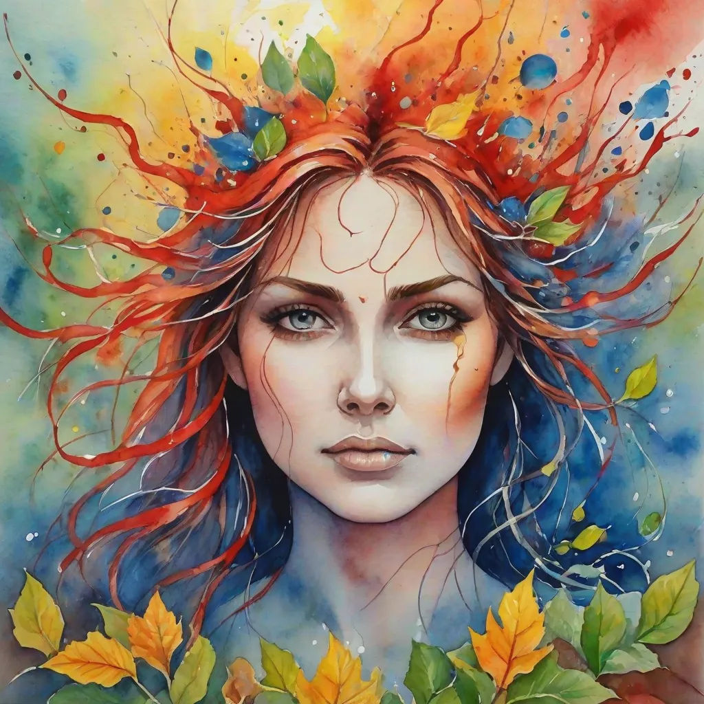 a painting of a woman with red hair and leaves on her head, with a blue sky background and yellow leaves on her head, figurative art, a watercolor painting, Anna Dittmann, watercolor