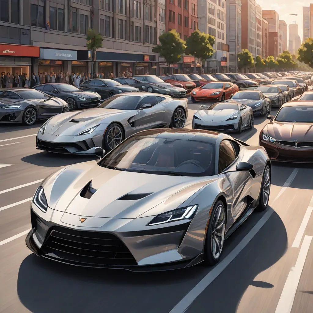 a group of cars driving down a street next to tall buildings and tall buildings in the background, with a sunset, panfuturism, a digital rendering, Ai-Mitsu, cgstudio