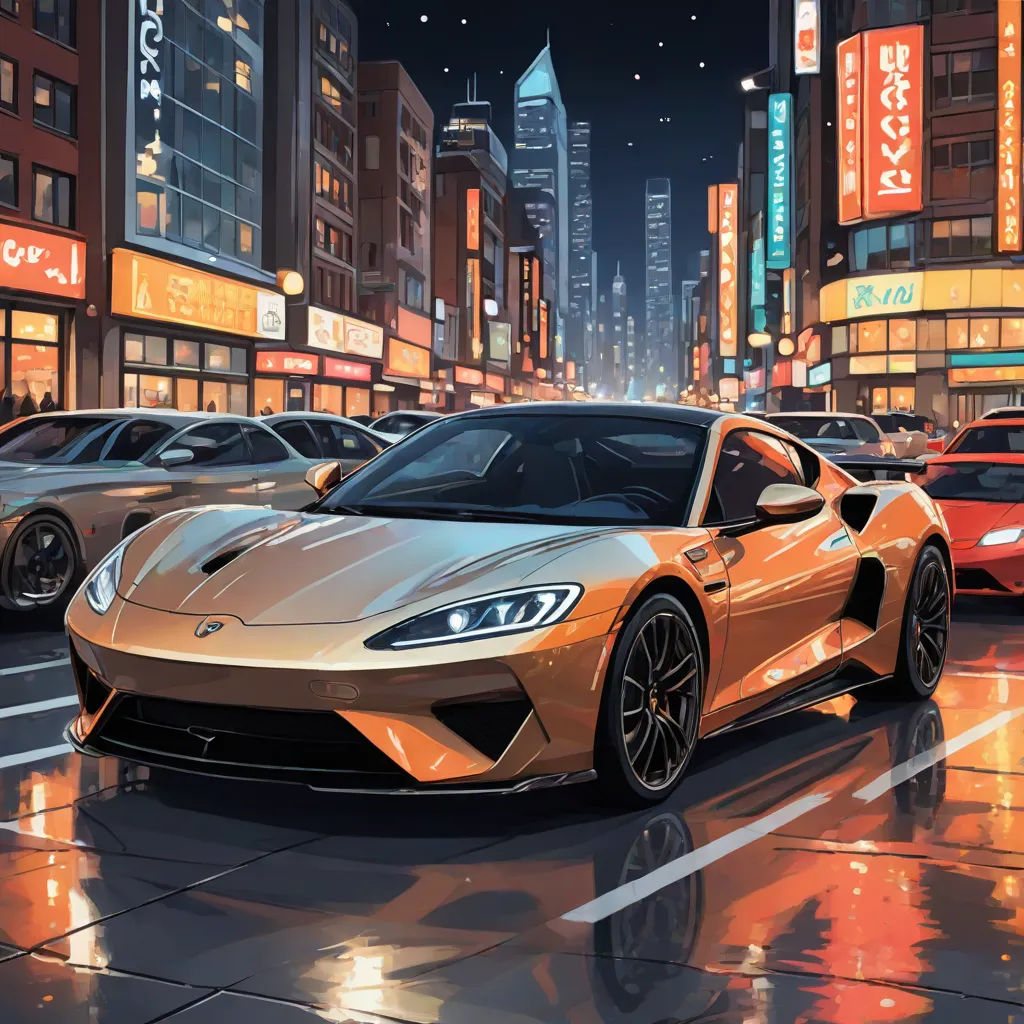 a painting of a car parked in a city at night with a cityscape in the background and a neon lit street, sots art, a detailed painting, Alena Aenami, highly detailed digital painting