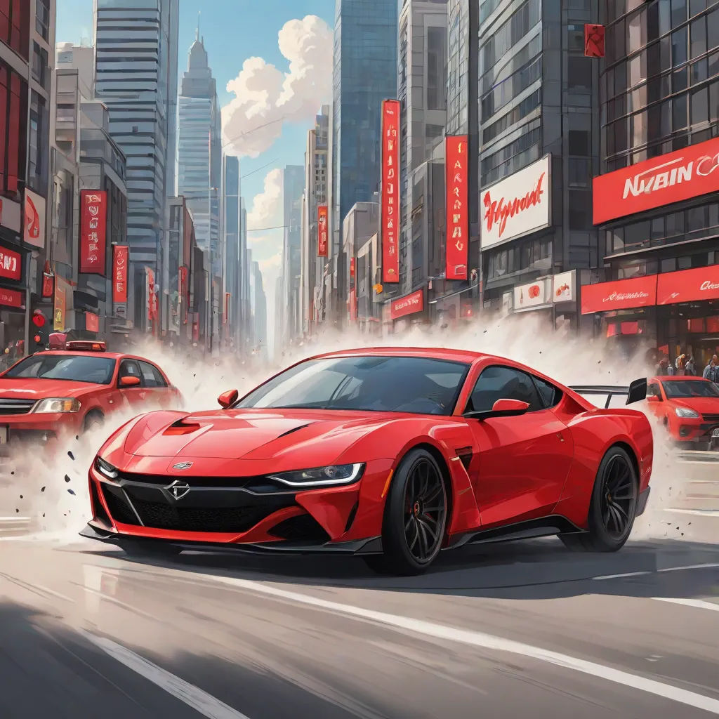 a red sports car driving down a city street in front of tall buildings and tall buildings with red signs, american scene painting, concept art, Artgerm, matte drawing