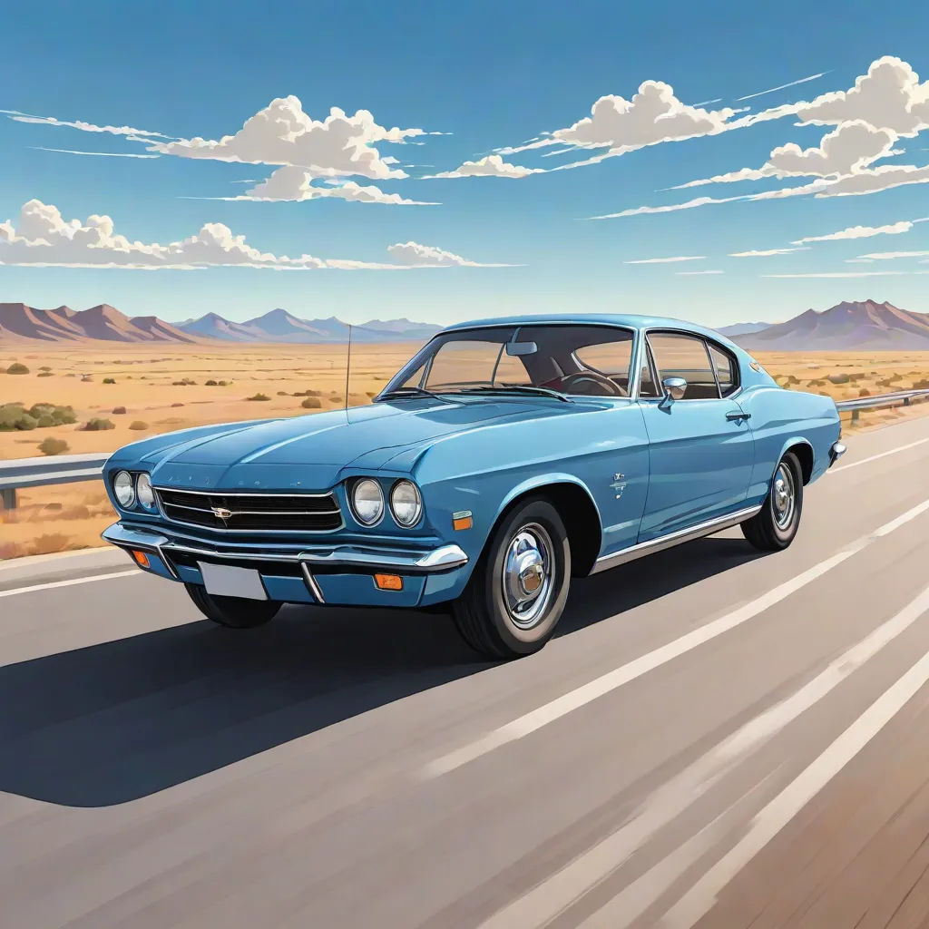 a painting of a blue car driving down a road in the desert with mountains in the background and clouds in the sky, american scene painting, an ultrafine detailed painting, Art Brenner, highly detailed digital painting