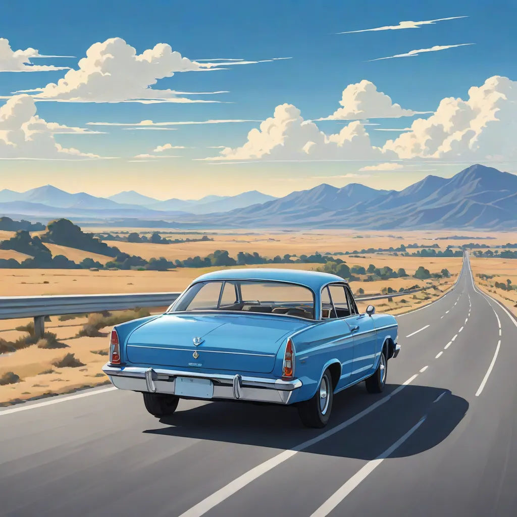 a painting of a blue car driving down a road in the desert with mountains in the background and clouds in the sky, american scene painting, an ultrafine detailed painting, Edward Otho Cresap Ord, II, edward hopper and james gilleard