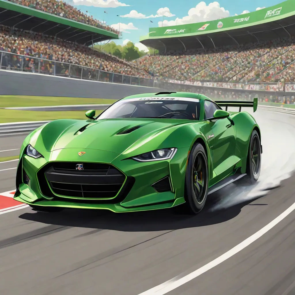 a green sports car driving on a track with a crowd in the background at a race track with a crowd of people, photorealism, a digital rendering, Cornelisz Hendriksz Vroom, promotional image