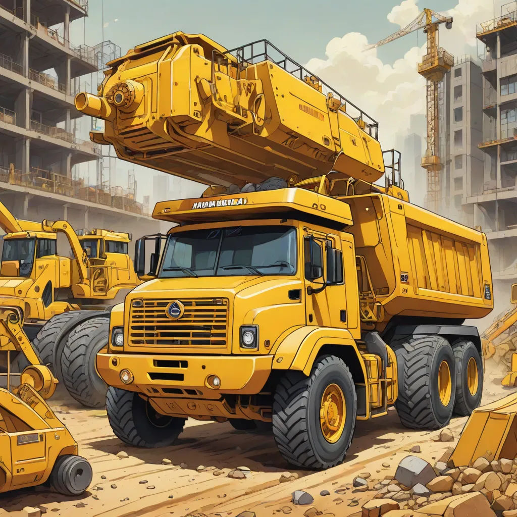 a painting of a yellow truck with a crane on it's back in a construction area with other trucks, hyperrealism, a detailed matte painting, Alex Horley-Orlandelli, highly detailed digital painting