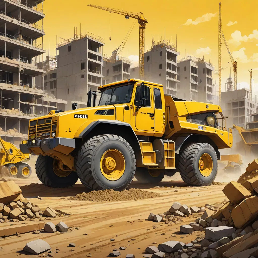 a yellow construction truck driving through a construction site with a crane in the background and a building under construction, photorealism, a detailed matte painting, Christophe Vacher, highly detailed digital painting