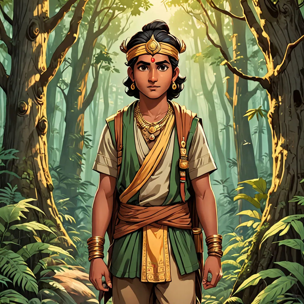 a man in a jungle with a golden headpiece and a green vest and a gold belt on his chest, Anthony Devas, samikshavad, a character portrait, jayison devadas