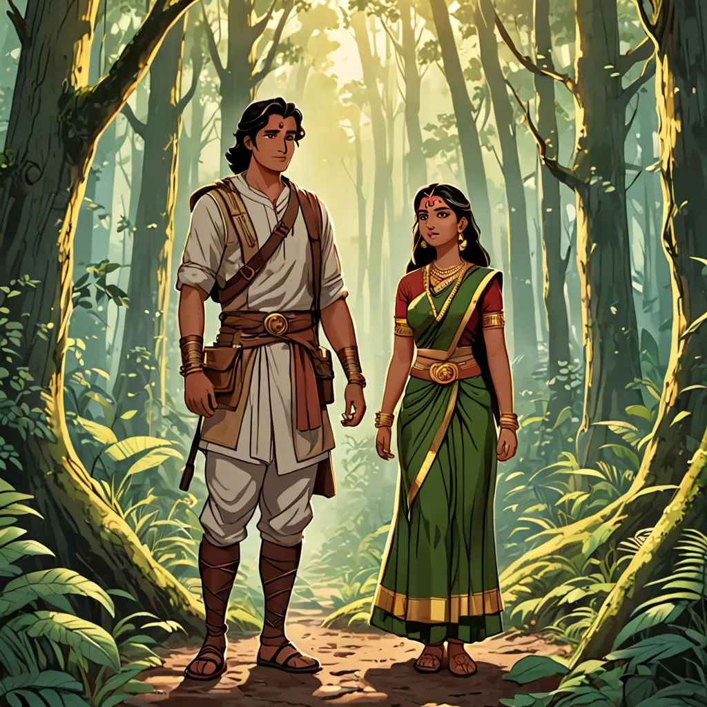 a man and woman in a forest with trees and plants behind them, one of them is holding the hand of the other, Ella Guru, samikshavad, a storybook illustration, official art