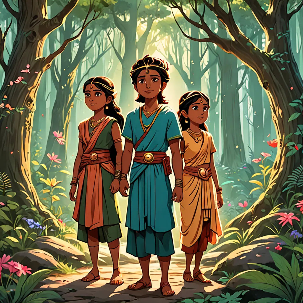 a painting of three people standing in a forest with trees and flowers around them, one of them is wearing a blue dress, Ella Guru, samikshavad, a storybook illustration, official art