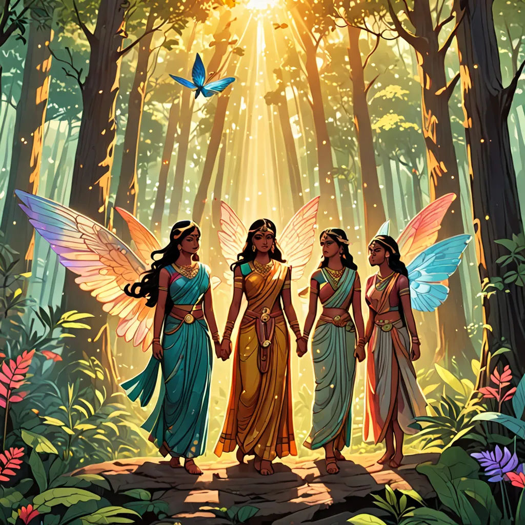 three women dressed in native american clothing standing in a forest with a bird flying overhead in the background of the painting, Ella Guru, fantasy art, a storybook illustration, official art