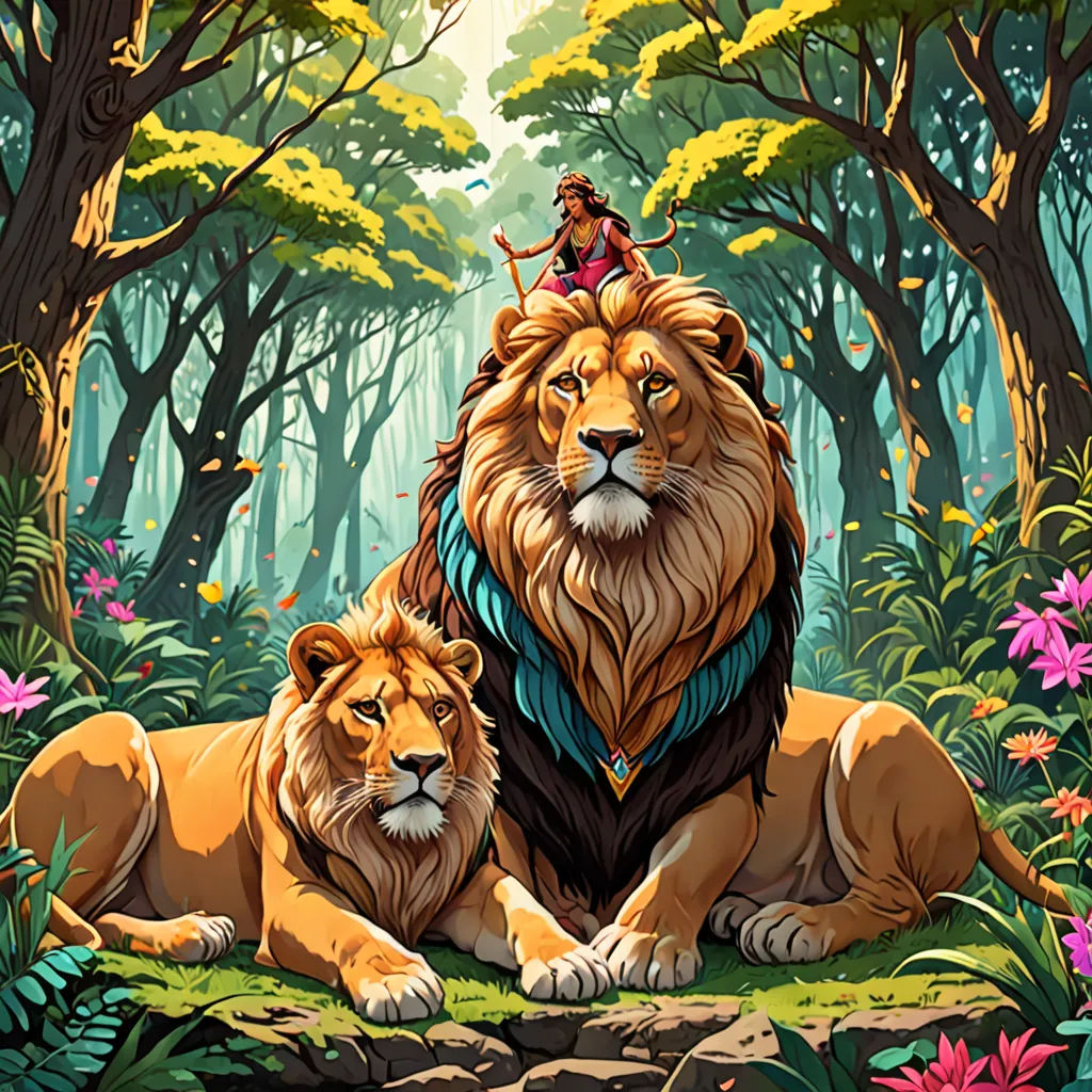 a painting of two lions in a forest with a woman on top of one of them's heads, Chris LaBrooy, fantasy art, a storybook illustration, fantasy illustration