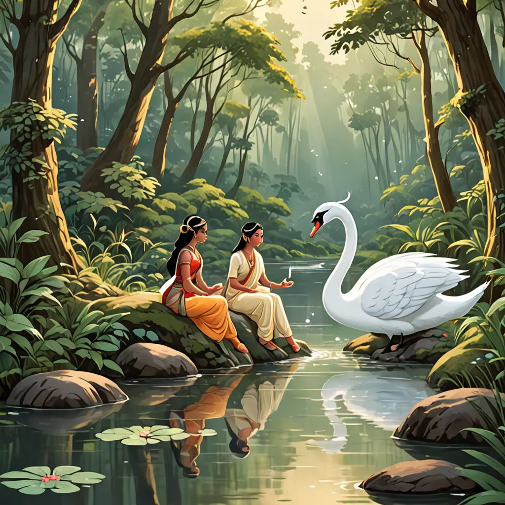 a painting of two women sitting on a rock next to a swan in a forest with lily pads on the water, Bholekar Srihari, fantasy art, a storybook illustration, storybook illustration
